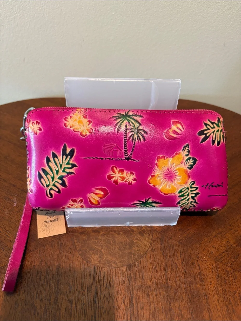 Pink Hawaiian Floral Wristlet Wallet  sunglasses case Leather Fuchsia yw  bk NWT